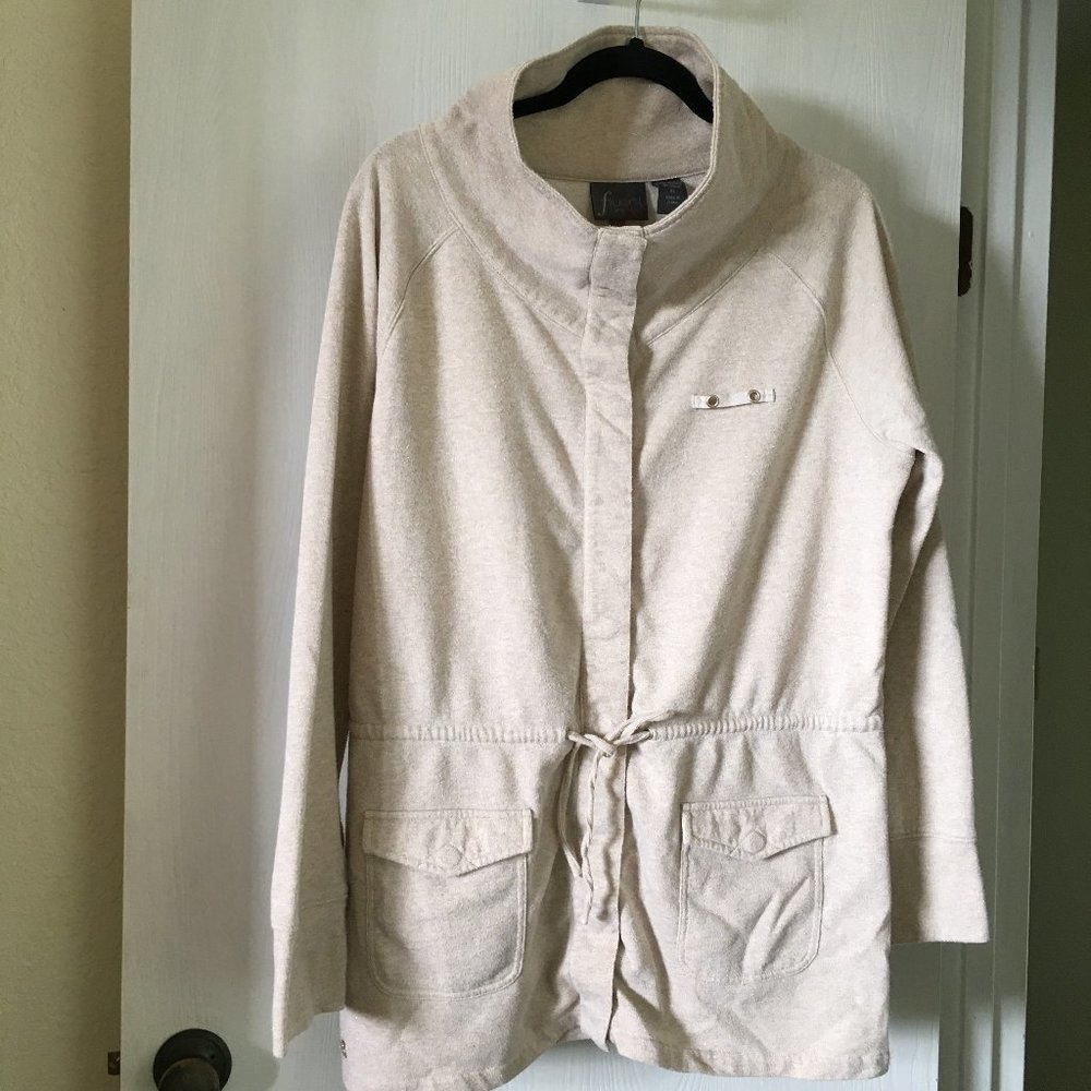 Fluent Life women's long button down terry cotton sweatshirt. Size XL.